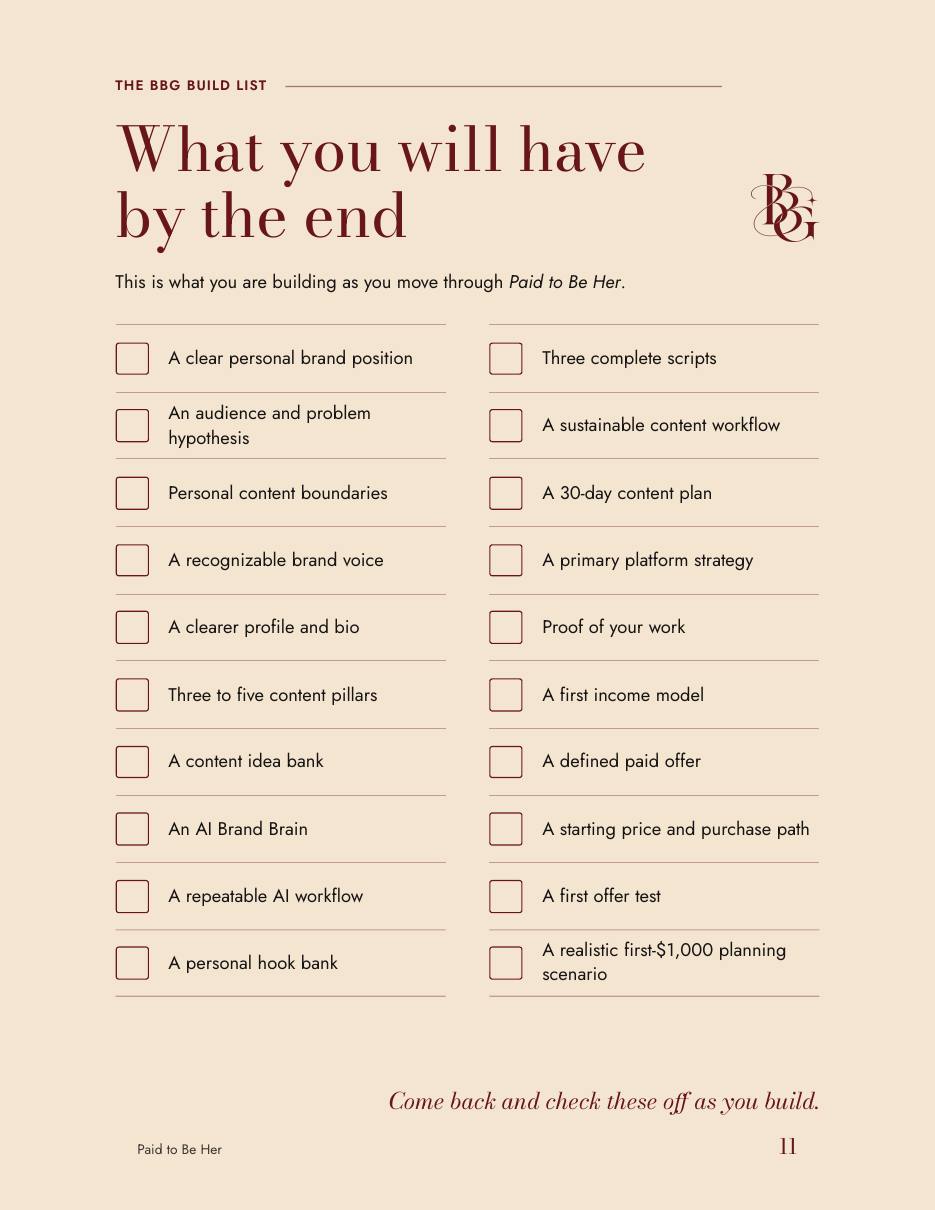 Page from Paid to Be Her, the bbg build list